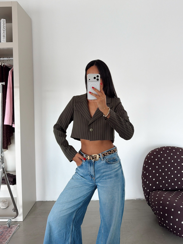 Çizgili Crop Ceket - Haki