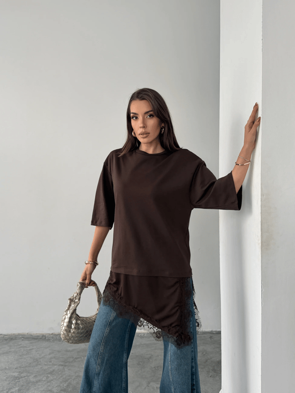 Dantel Detaylı Oversize Basic - Kahve