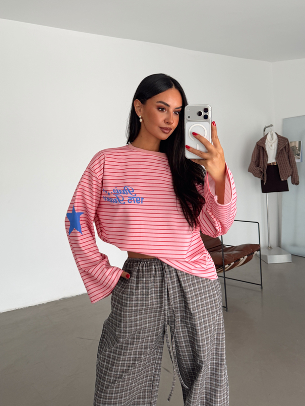 Paris Baskılı Çizgili Sweat - Pembe
