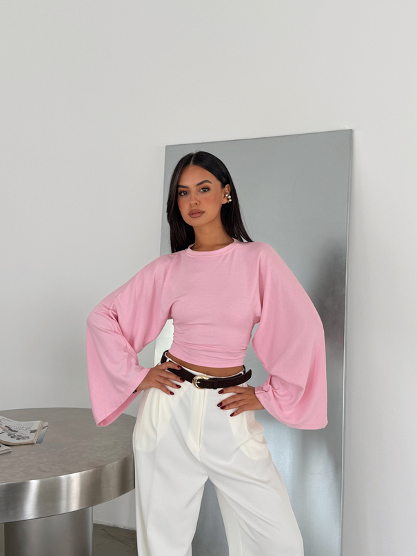 Yarasa Kol Beli Büzgülü Bluz - Pembe