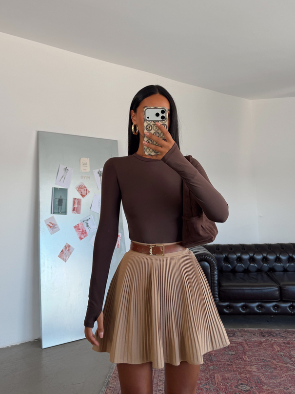 Bisiklet Yaka Uzun Kol Bodysuit - Kahve