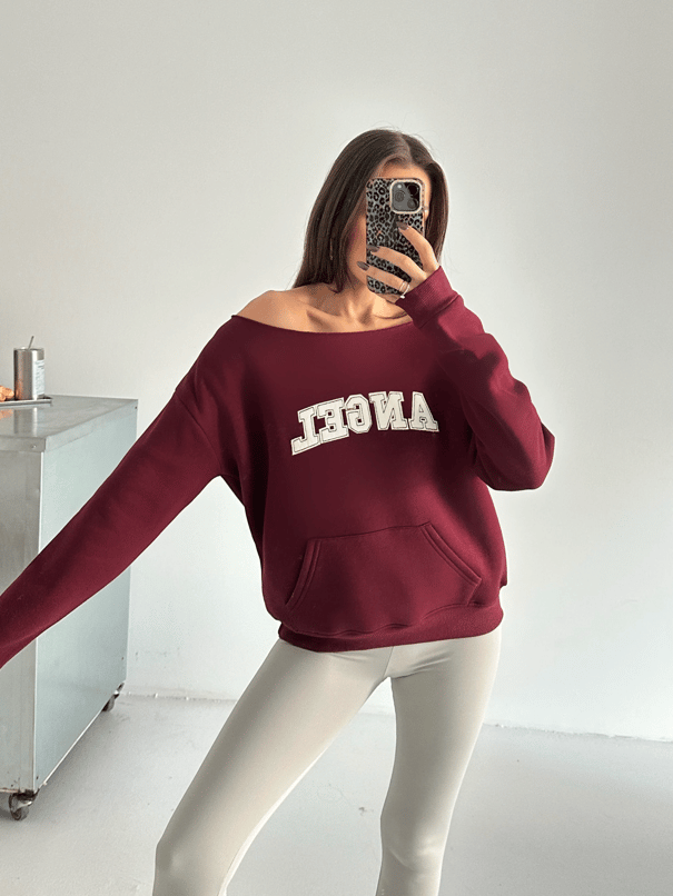 Angel Nakışlı Kayık Yaka Sweat - Bordo