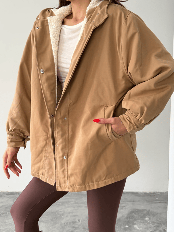 Kapüşonlu İçi Peluş Mont - Vizon