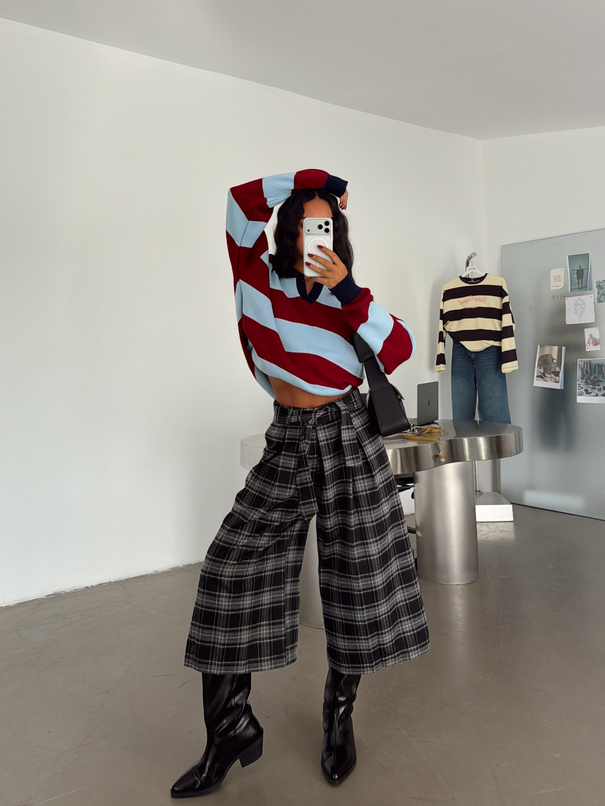 Ekose Kemerli Midi Pantolon - Siyah