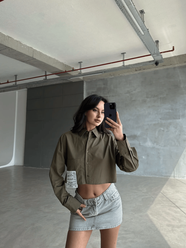 Daisy Cep Üstü Arma Detay Crop Gömlek Haki Yeşil - Haki Yeşil