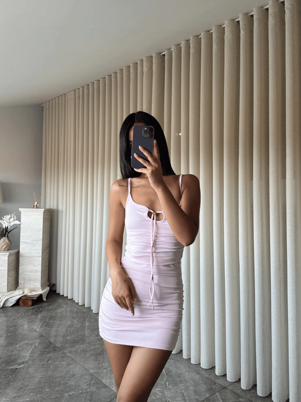 Yan Drape Mini Elbise  - Pembe