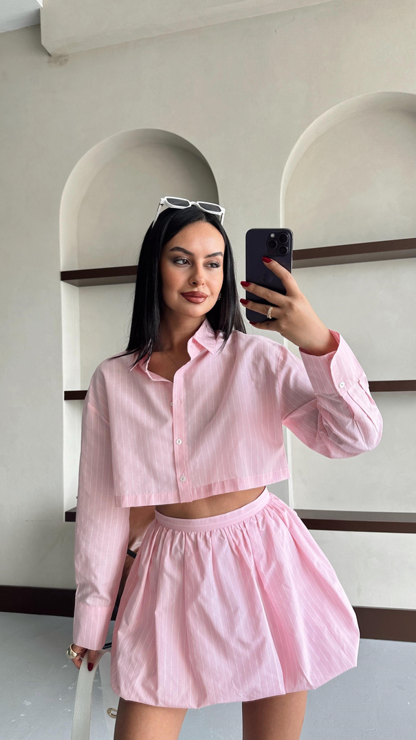 Çizgili Kısa Poplin Gömlek - Pembe