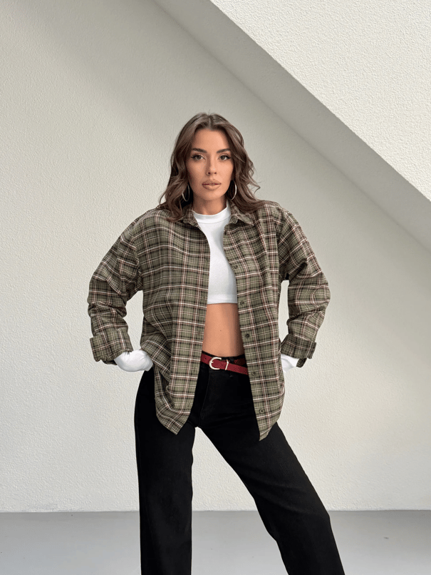 Kareli Oversize Gömlek - Haki