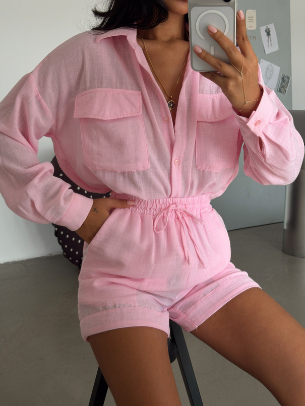 Oversize Şortlu Keten Takım - Pembe