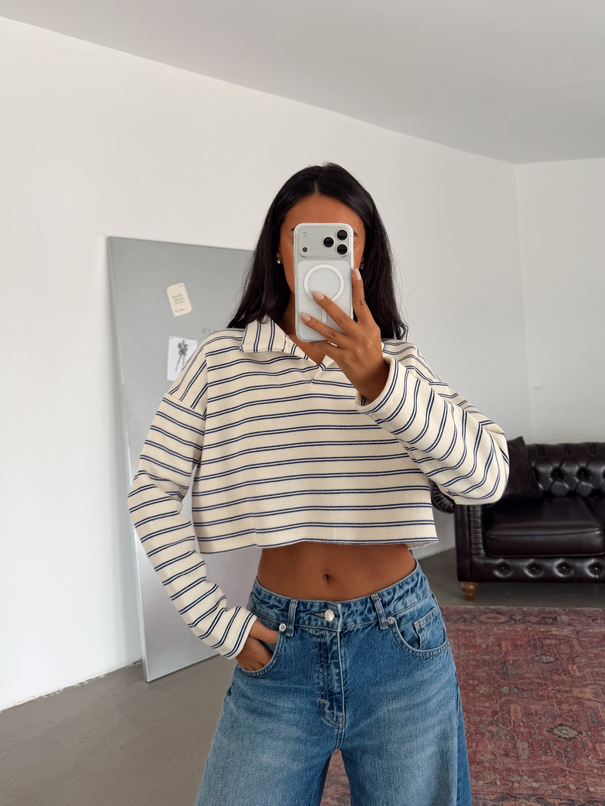 Polo Yaka Çizgili Crop Sweat - Mavi