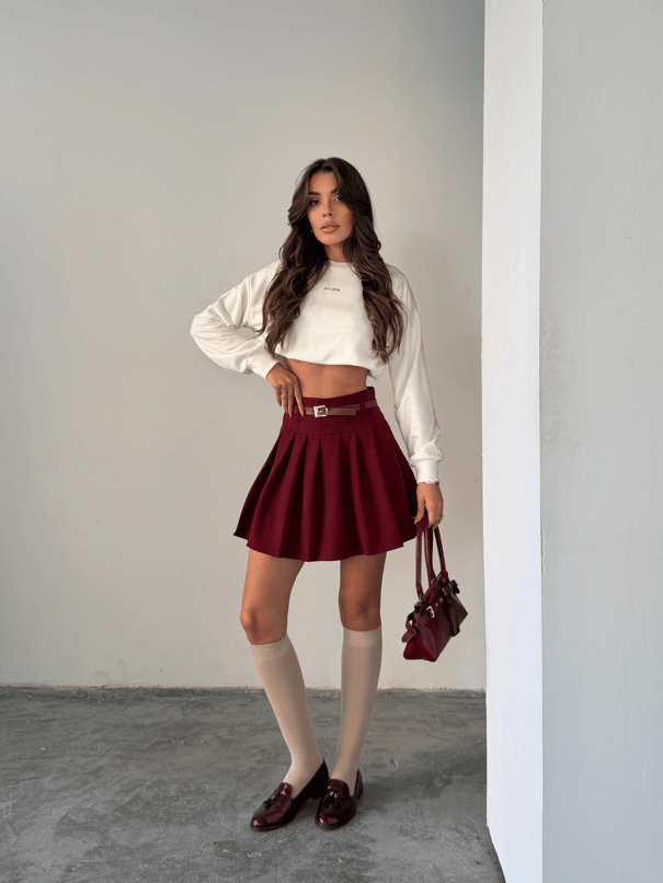 Kemerli Pileli Mini Etek - Bordo