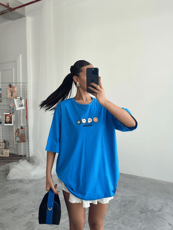Fruit Nakış Basic T-shirt Mavi - Mavi