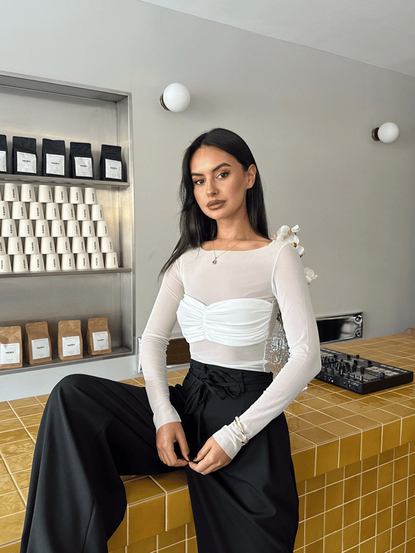 Malina Uzun Kol Tül Bluz Beyaz - Beyaz
