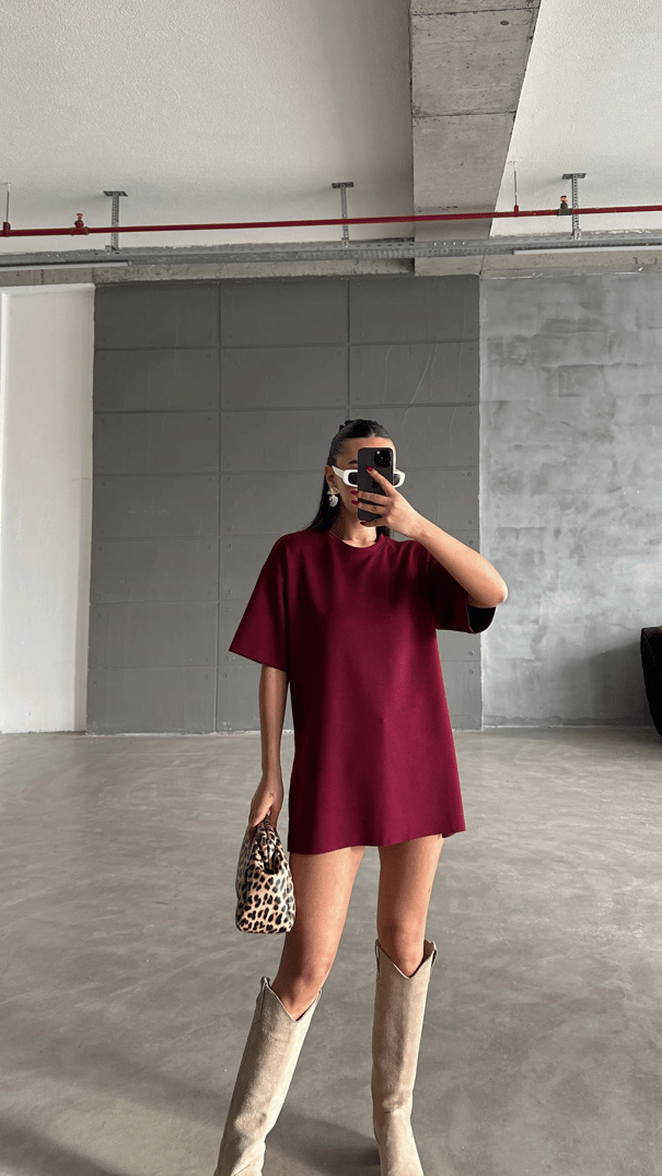 Yan Yırtmaç Oversize Basic - Bordo