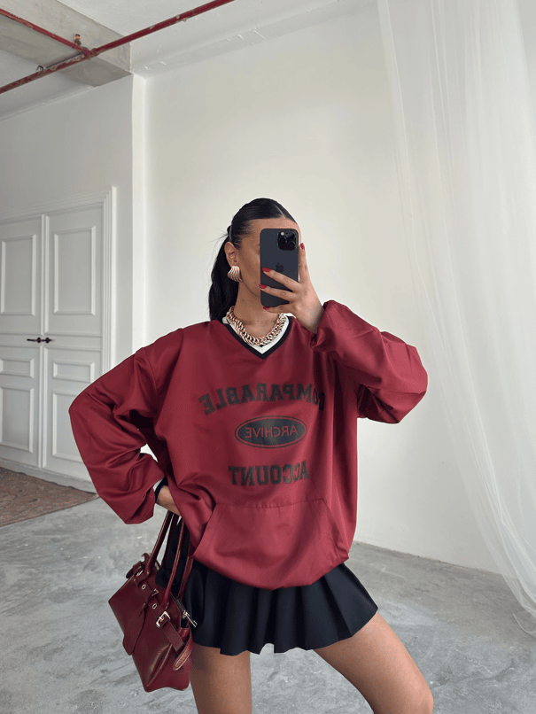 Önü Baskılı Şerit Detay Sweat - Bordo