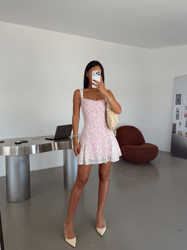 Dantelli Mini Elbise - Pembe