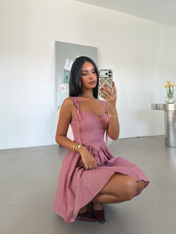 Çizgili Mini Elbise - Bordo