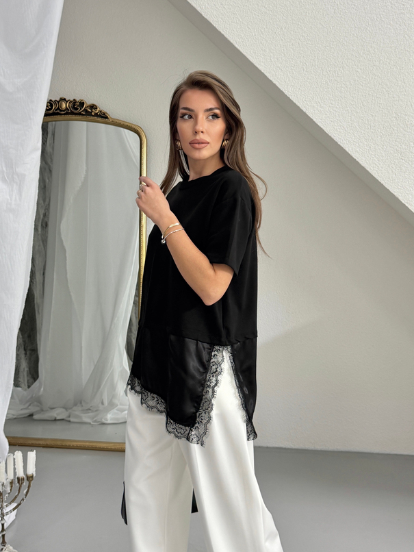 Altı Saten Dantel Basic - Siyah