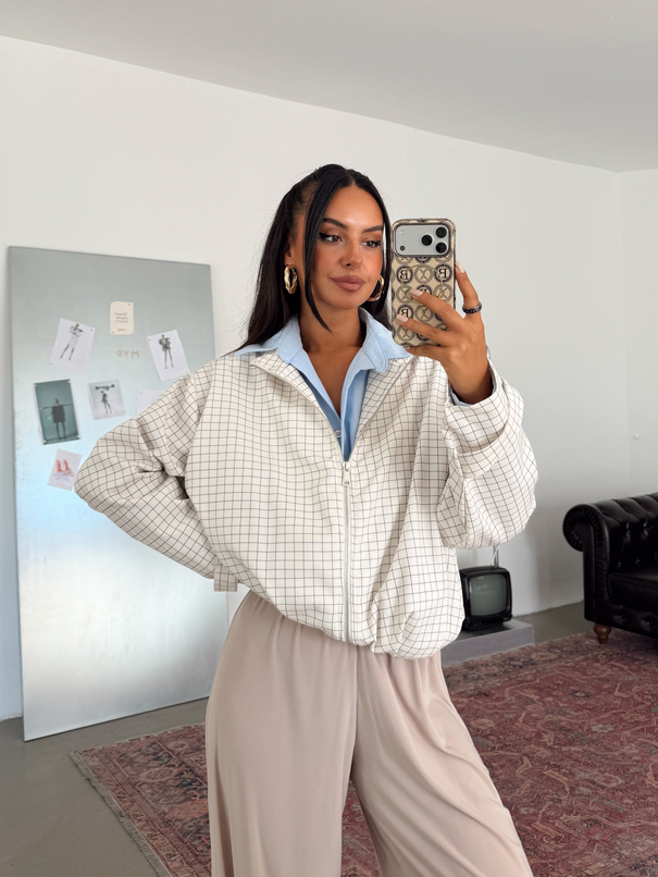 Kareli Bomber Ceket - Beyaz
