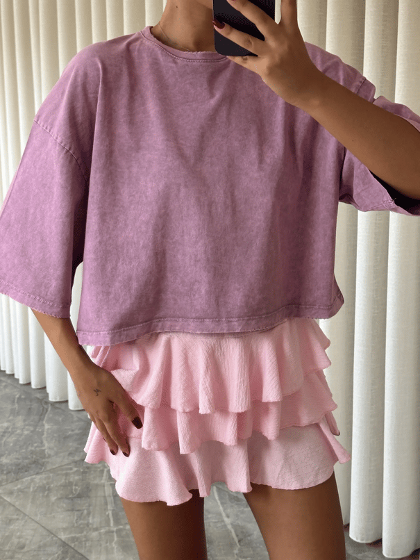 Yıkamalı Düz Crop Basic - Lila