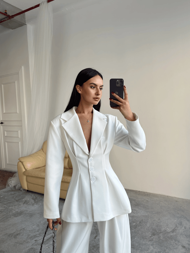 Pile Detay Oturtmalı Blazer Ceket  - Beyaz