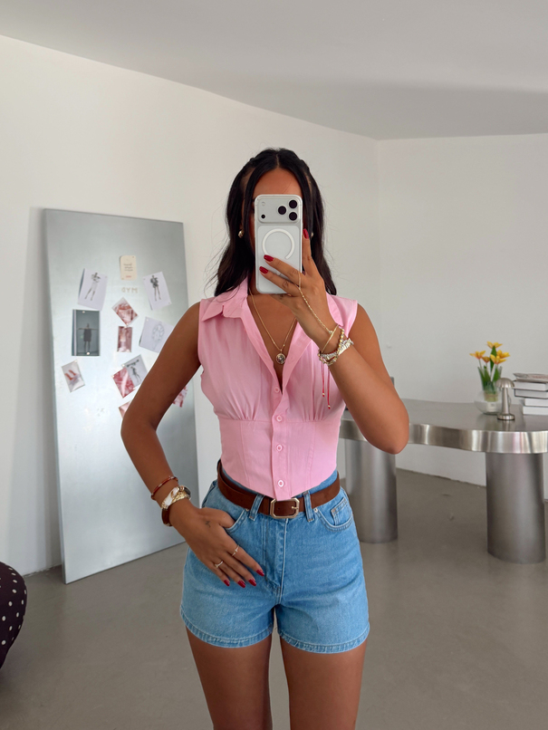 Sıfır Kol Korse Detaylı Gömlek - Pembe