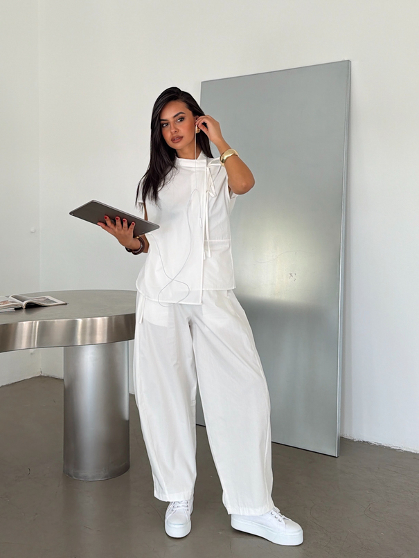 Poplin Balon Pantolon Takım - Beyaz
