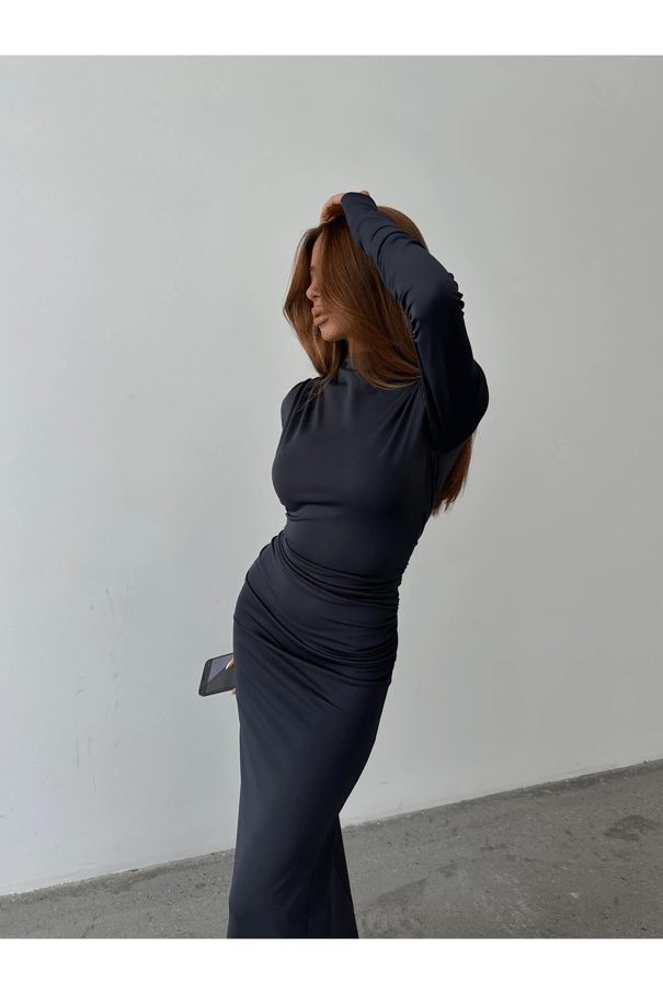 Drape Balıkçı Elbise Füme - Füme