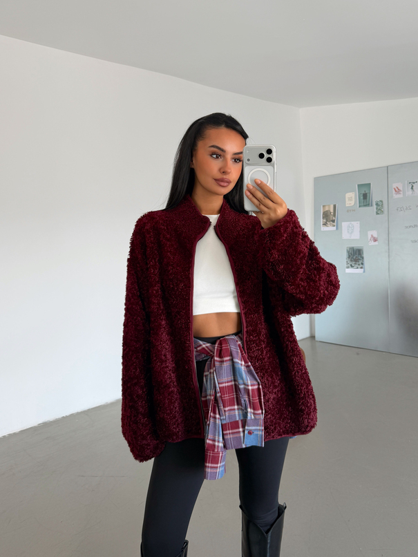 Peluş Dokulu Fermuarlı Ceket - Bordo