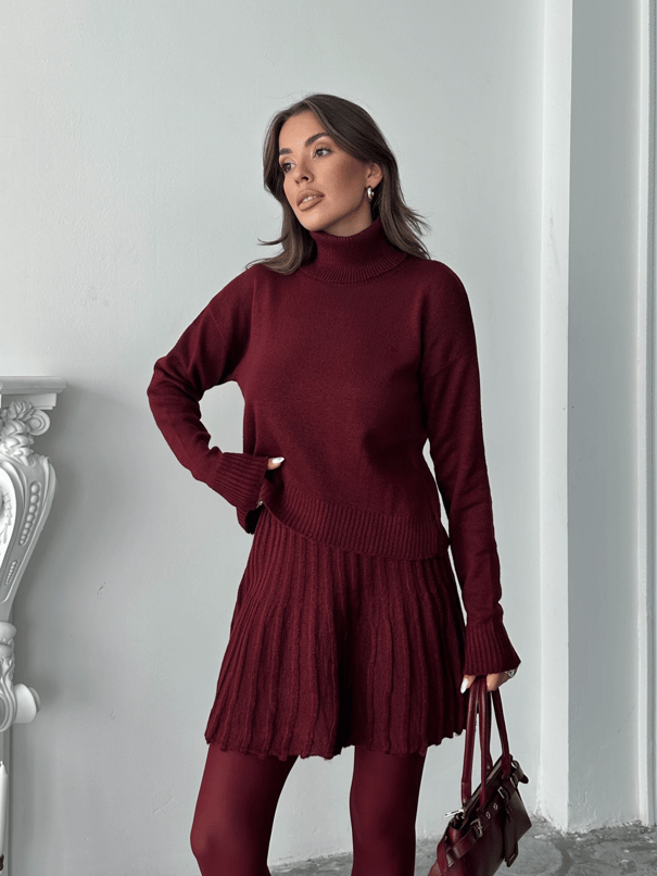Balıkçı Yaka Pileli Etekli Takım - Bordo