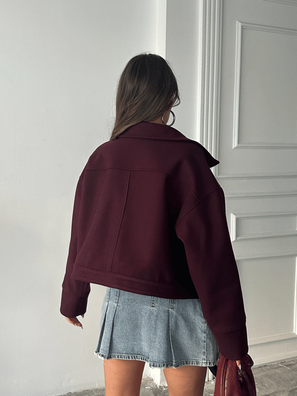 Kaşe Crop Mont - Mürdüm