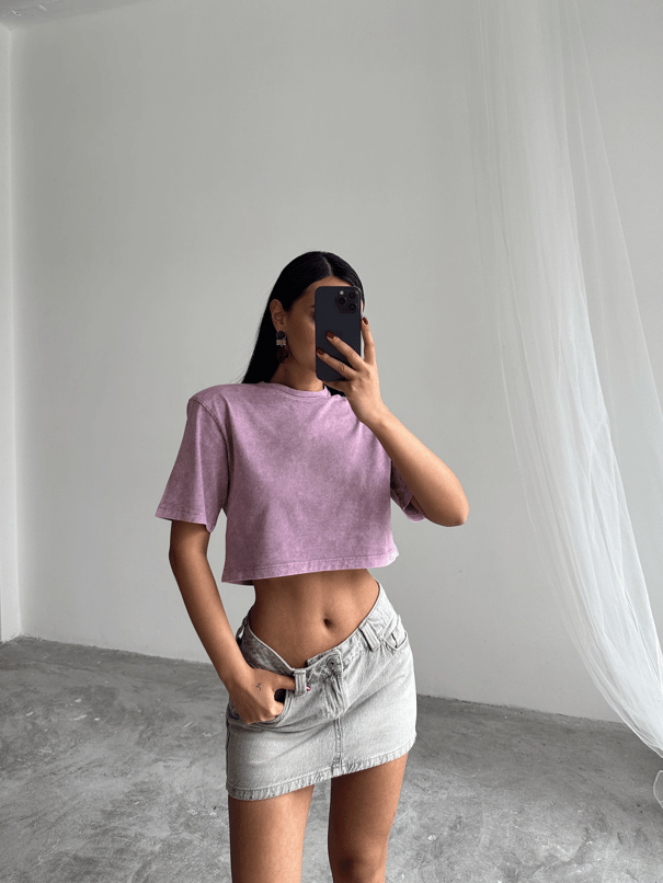 Yıkamalı Vatkalı Crop Basic - Lila