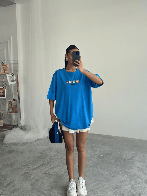 Fruit Nakış Basic T-shirt Mavi - Mavi