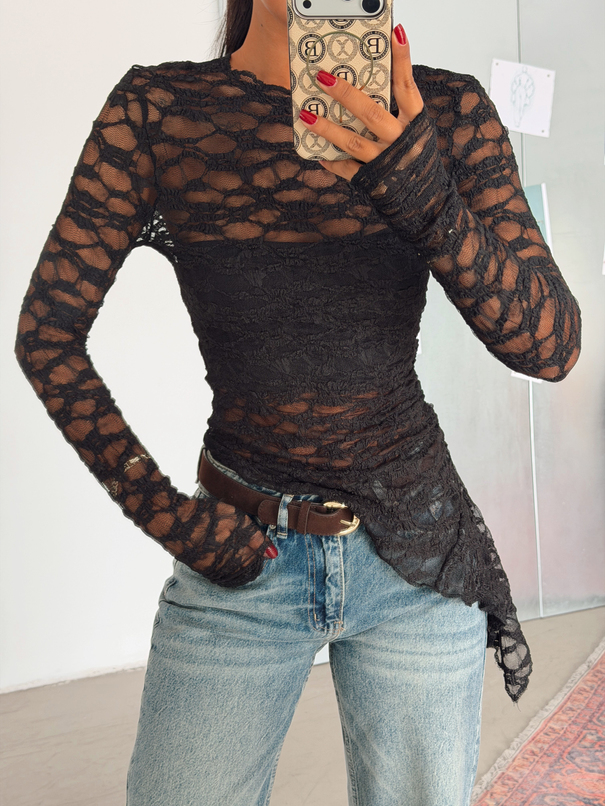 Asimetrik Kesim Dantel Bluz - Siyah