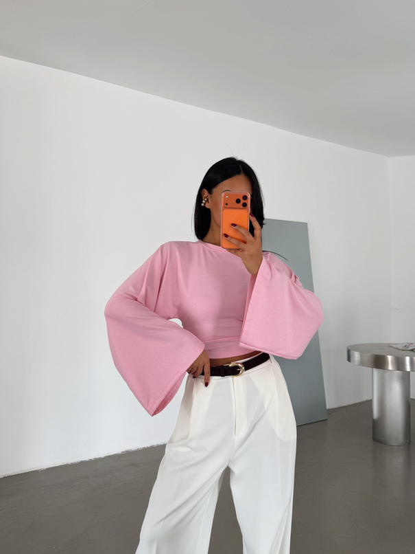 Yarasa Kol Beli Büzgülü Bluz - Pembe