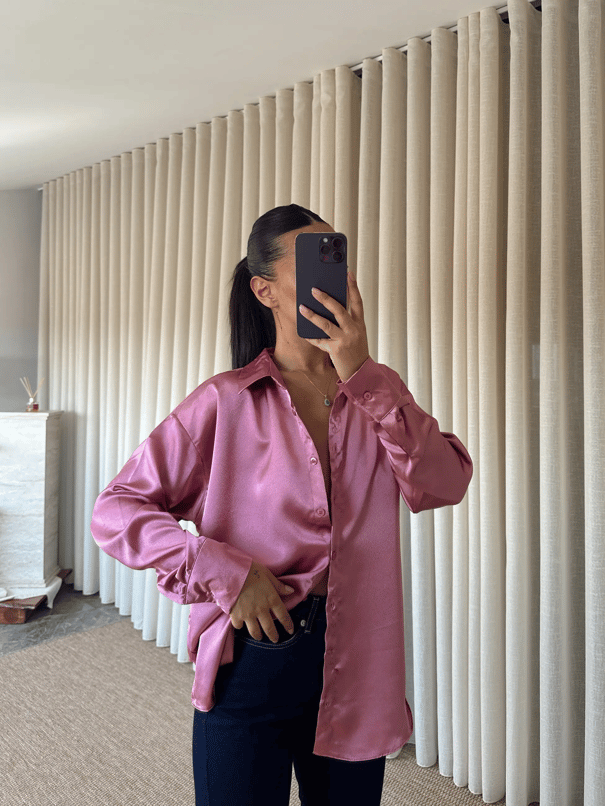 Oversize Saten Gömlek - Gül Kurusu