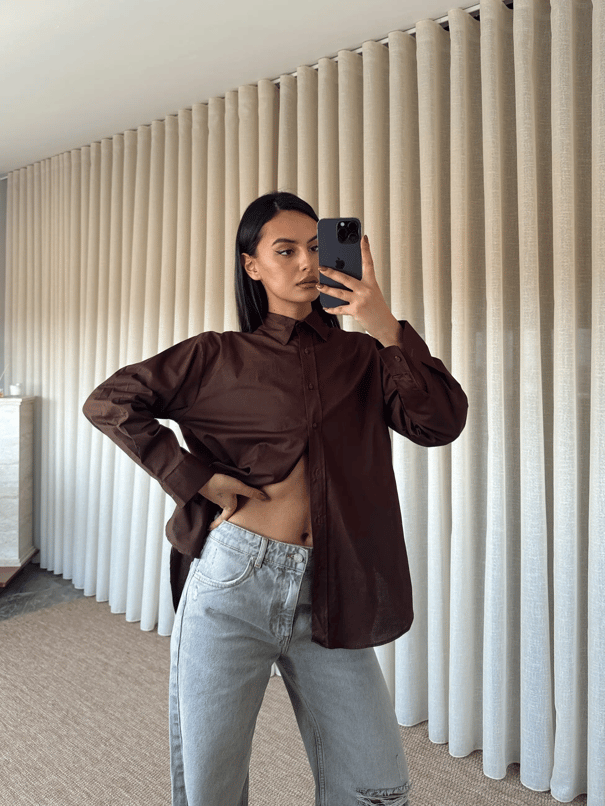 Düz Oversize Gömlek - Kahve