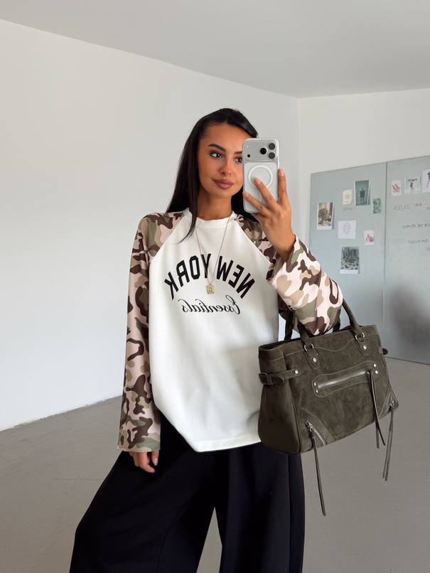 Kamuflaj Desenli Basic Sweat - Ekru