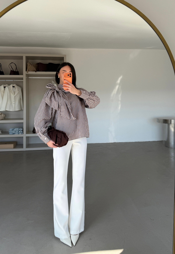 Bağlama Detaylı Poplin Bluz - Kahve