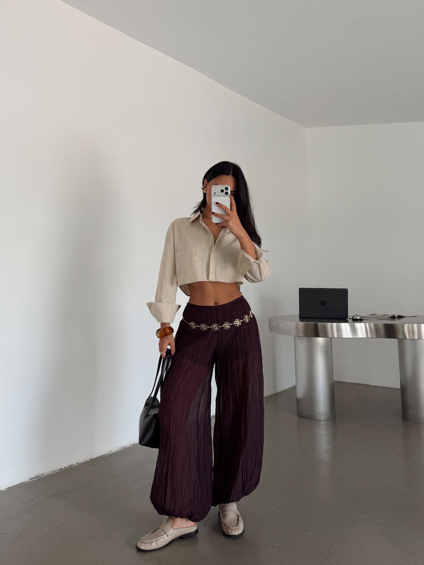 Transparan Müslin Kumaş Balon Pantolon - Mürdüm