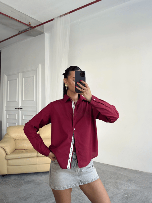 Kol Ve Pat Şerit Crop Gömlek - Bordo