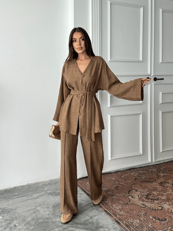 Düğme Detay Kuşaklı Kimono Takım - Kahve