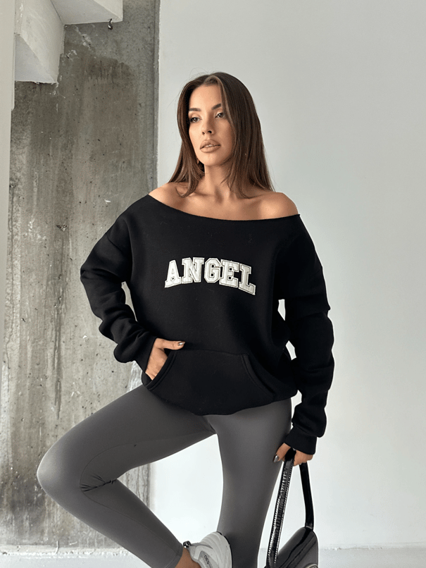 Angel Nakışlı Kayık Yaka Sweat - Siyah