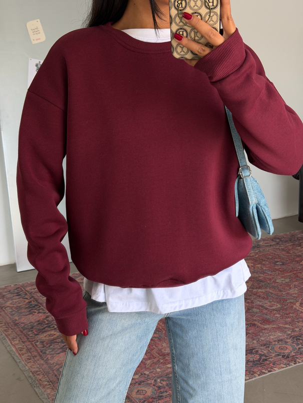 Düz Basic Sweatshırt - Bordo