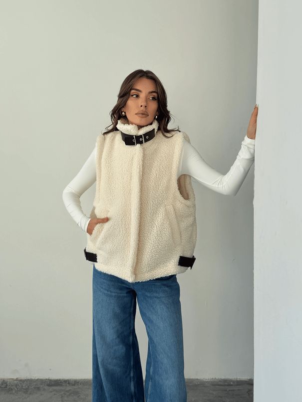 Kemer Detaylı Kürk Yelek - Ekru