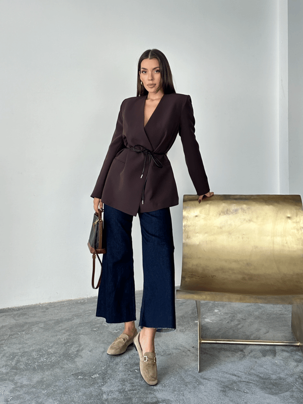 Deri Kemerli Blazer Ceket - Mürdüm