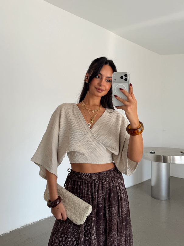 Bağlamalı Müslin Kimono Bluz - Taş