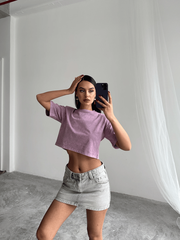 Yıkamalı Vatkalı Crop Basic - Lila