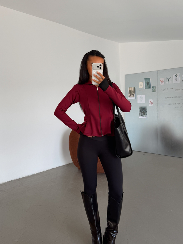 Beli Pileli Fermuarlı Sweat - Bordo