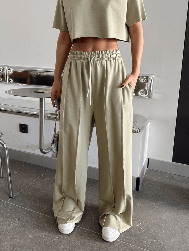 Ters Dikiş Detay Crop Takım - Haki Yeşil